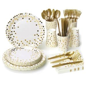 NWT Lzerking Party Supplies Set - 210 Pieces of White and Gold Dot